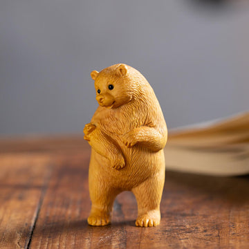 Hand-Carved Realistic Boxwood Bear Figurine